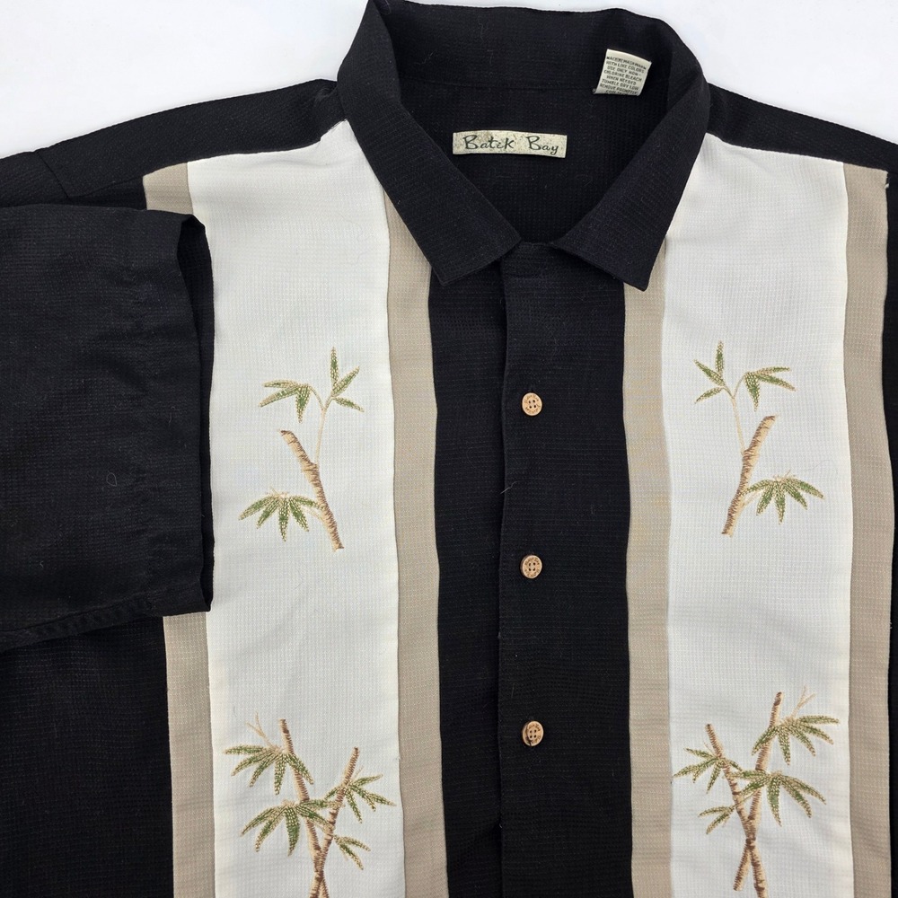 Batik Bay Mens Lg Black Bamboo Print‎ Short Sleeve Button Up Shirt